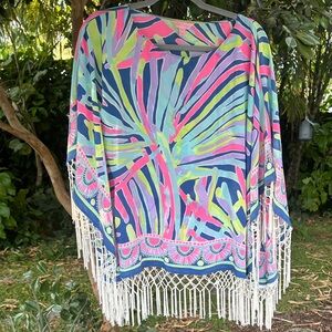 Lilly Pulitzer Colorful Fringe Kimono Top Beach Cover Up Resort Vaca Palm Beach